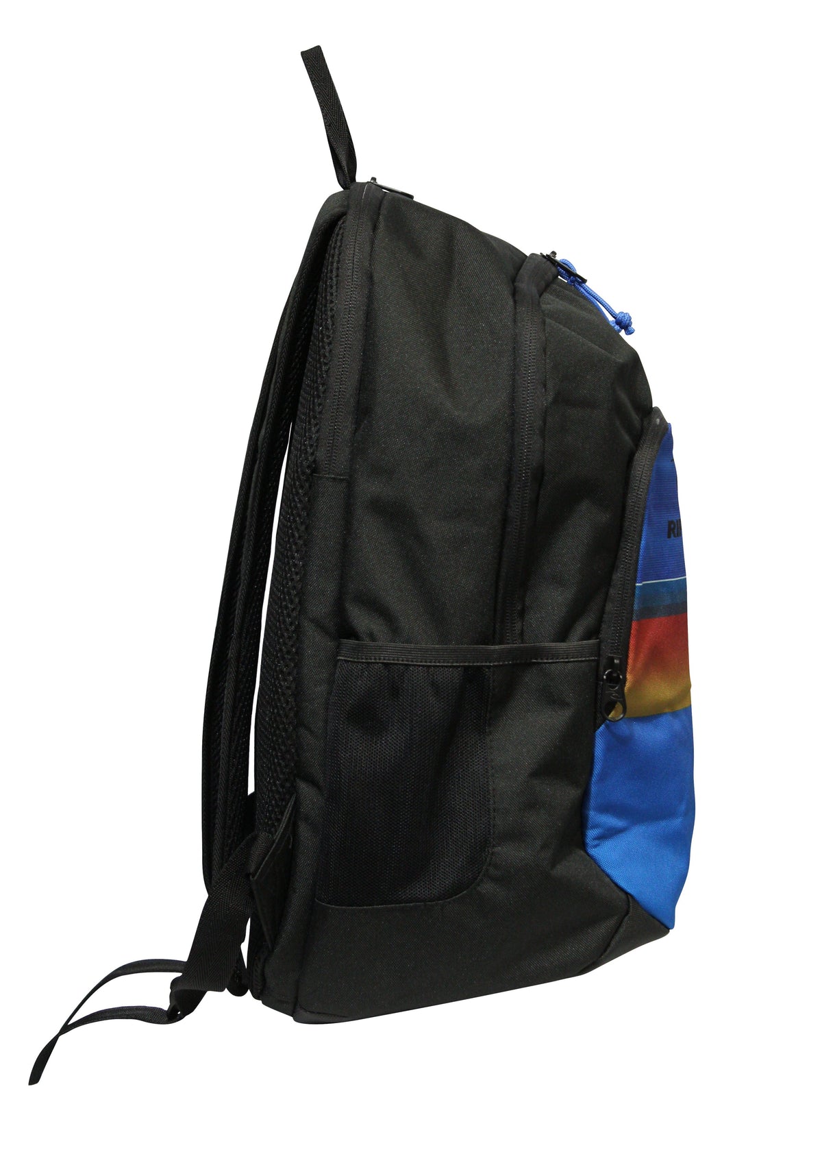 Check out the Rip Curl Ozone 30L School Backpack: a chic black bag with a blue front pocket, horizontal rainbow stripe, and laptop section. Crafted from recycled polyester, it includes adjustable shoulder straps, a top handle, a zippered main compartment, and an additional zipped pocket.