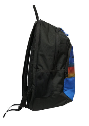 Check out the Rip Curl Ozone 30L School Backpack: a chic black bag with a blue front pocket, horizontal rainbow stripe, and laptop section. Crafted from recycled polyester, it includes adjustable shoulder straps, a top handle, a zippered main compartment, and an additional zipped pocket.