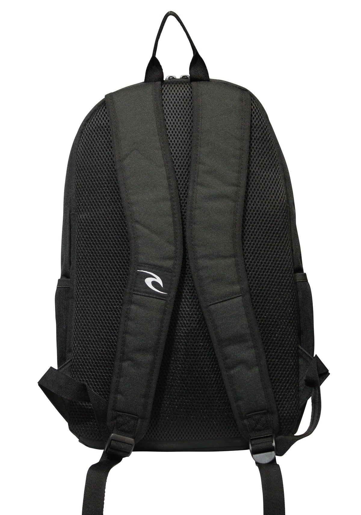 The Rip Curl Ozone 30L School Backpack is made from recycled polyester, featuring a laptop section, adjustable straps, mesh ventilation back, small center logo, top handle, and two side pockets in black.