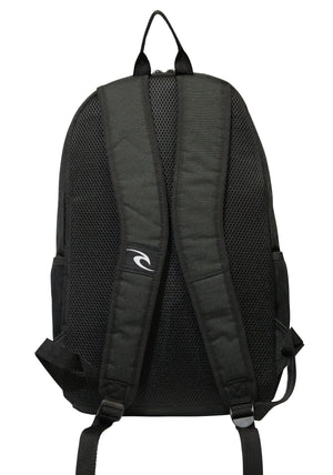The Rip Curl Ozone 30L School Backpack is made from recycled polyester, featuring a laptop section, adjustable straps, mesh ventilation back, small center logo, top handle, and two side pockets in black.
