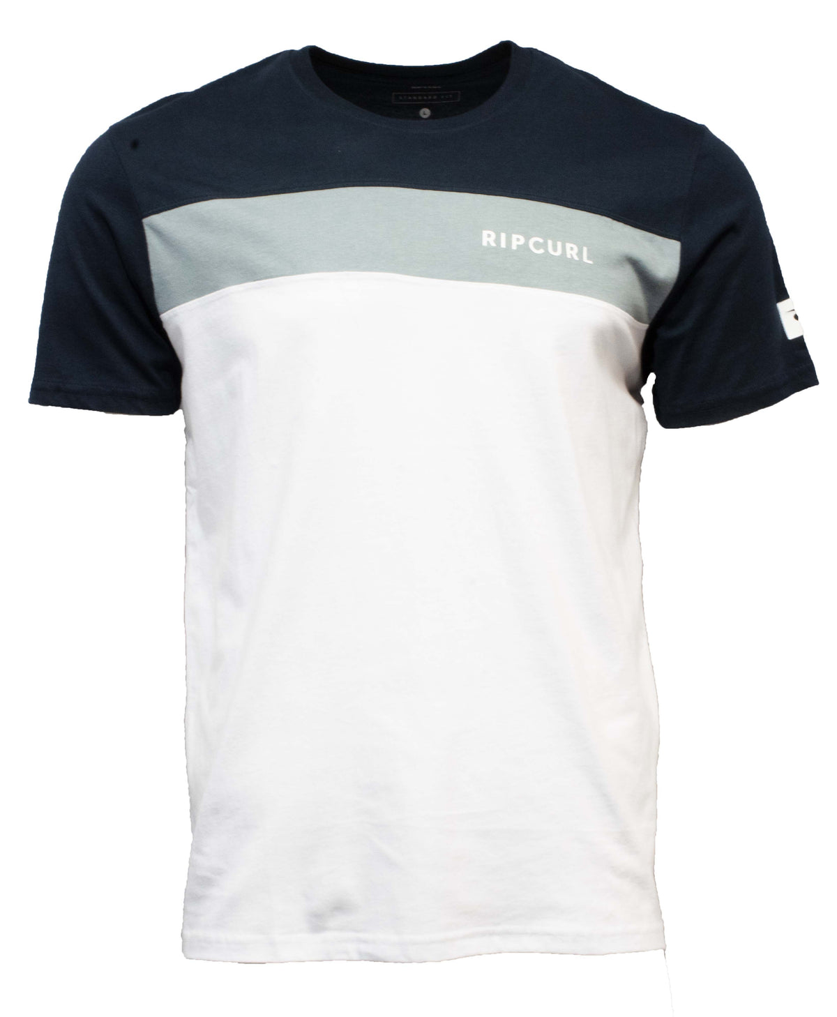 The Rip Curl Undertow Panel Tee is a short-sleeved casual shirt featuring a black top, grey middle stripe, and white lower section. Made from soft cotton, it showcases "RIP CURL" in white on the grey stripe.