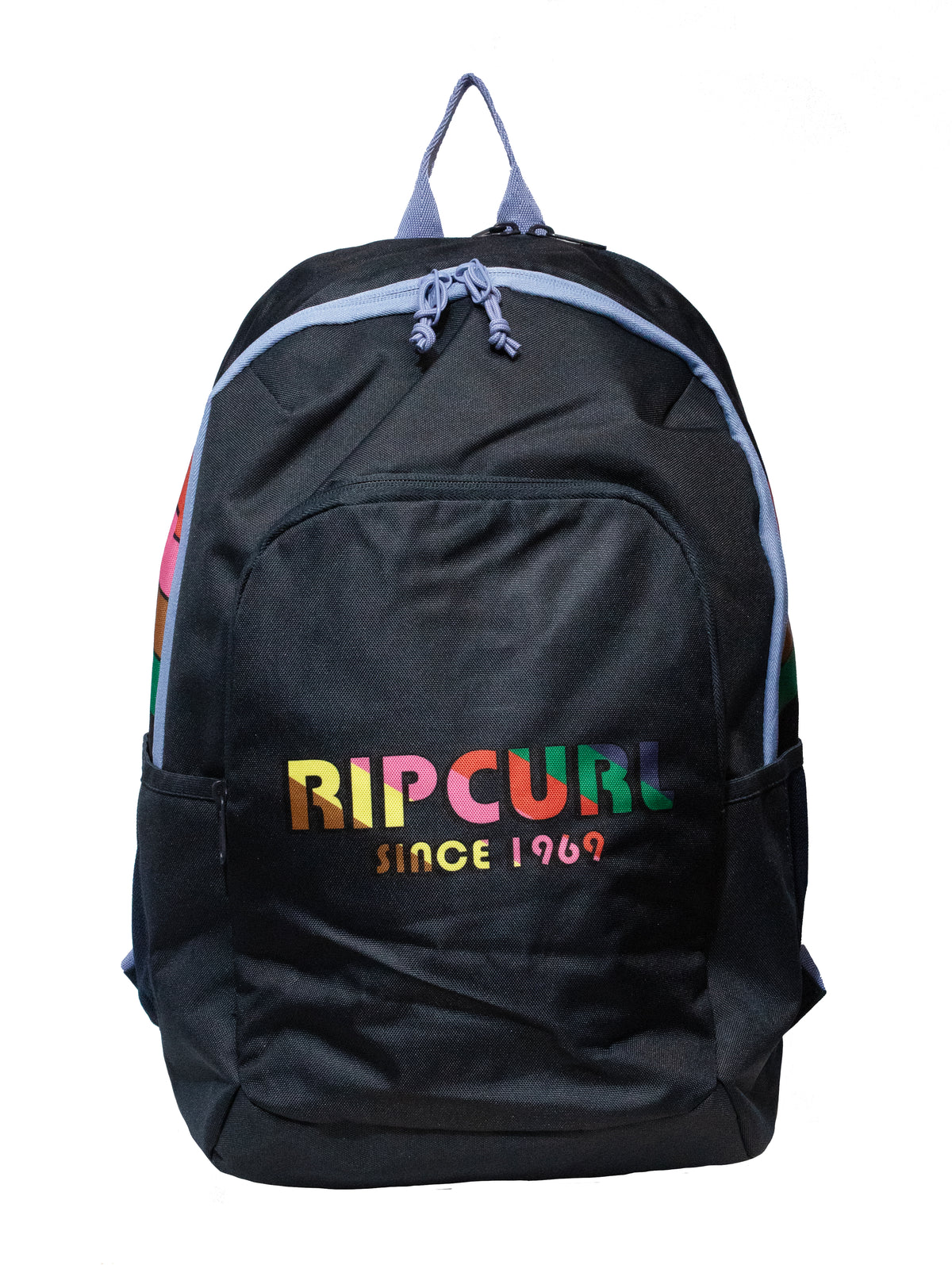 The Rip Curl Ozone 2.0 30L Backpack in black features "Ripcurl Since 1969" in vibrant letters, is made from recycled polyester, and includes a roomy main compartment, front pocket, gray zippers with looped handle, and fits a 15" laptop for daily use.