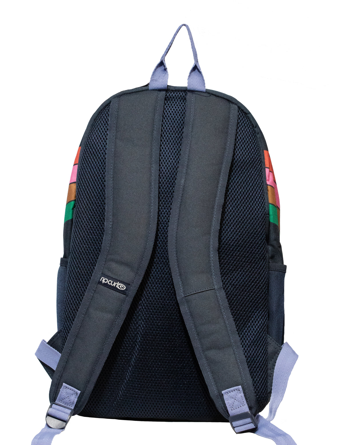 The Rip Curl Ozone 2.0 30L Backpack, made from recycled polyester, sports a sleek black design with colorful top stripes. It includes padded adjustable straps for comfort, a hanging loop, and subtly displays the induro logo on one strap. It perfectly fits a 15" laptop.