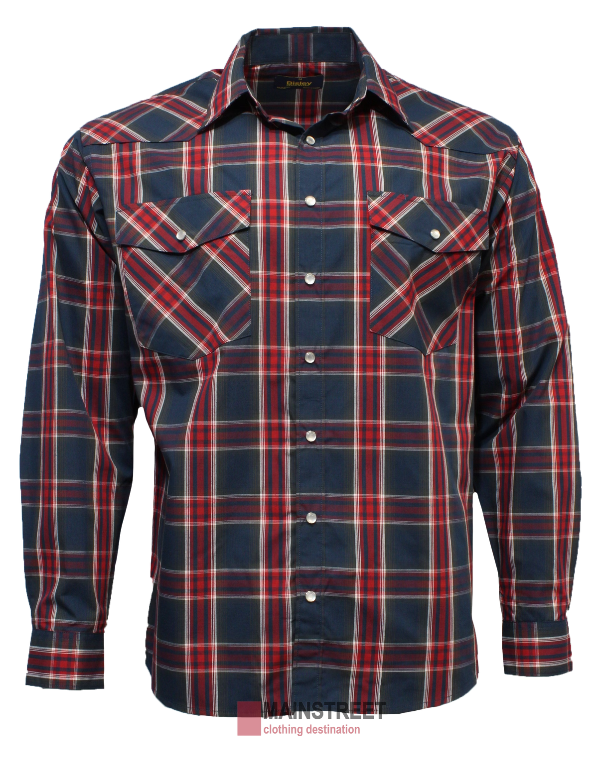 The Bisley Western Shirt is a long-sleeved, button-up crafted from a durable polyester/cotton blend, featuring a red, blue, and white plaid design with a classic collar and two buttoned chest pockets for an authentic Western look.