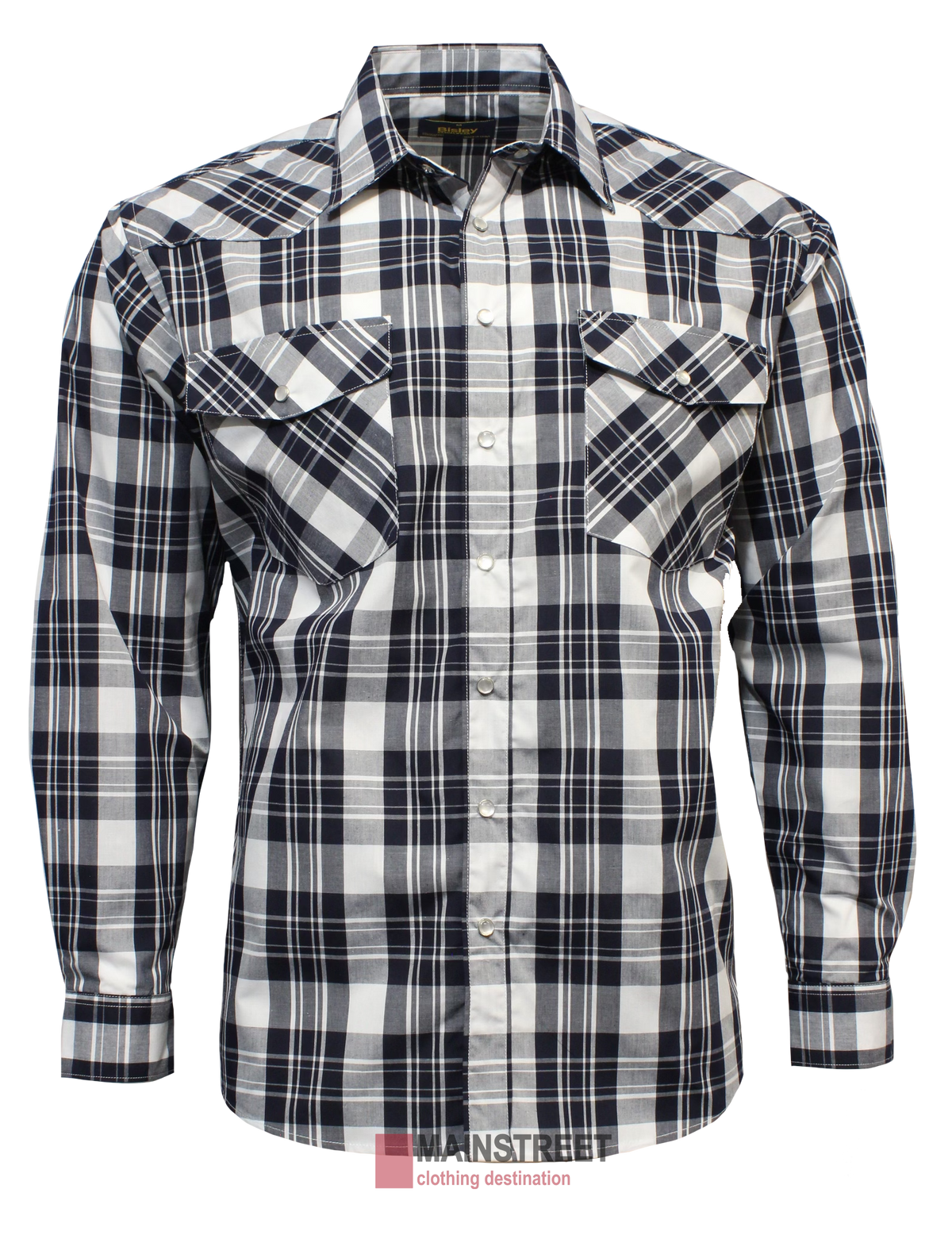 The Bisley Western Shirt is a long-sleeve, button-up with a black, white, and blue plaid design. It offers generous sizing, two button-flap chest pockets, and is made from a comfortable Polyester/Cotton blend.
