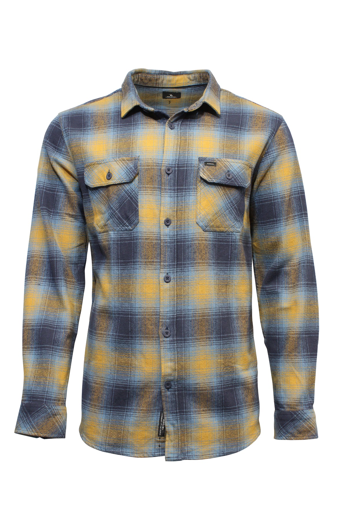 The Rip Curl Count Flannel Shirt is a long-sleeved, soft brushed cotton shirt featuring a blue and yellow plaid pattern. It has two chest pockets with button closures and a button-down front, displayed on a plain white background.