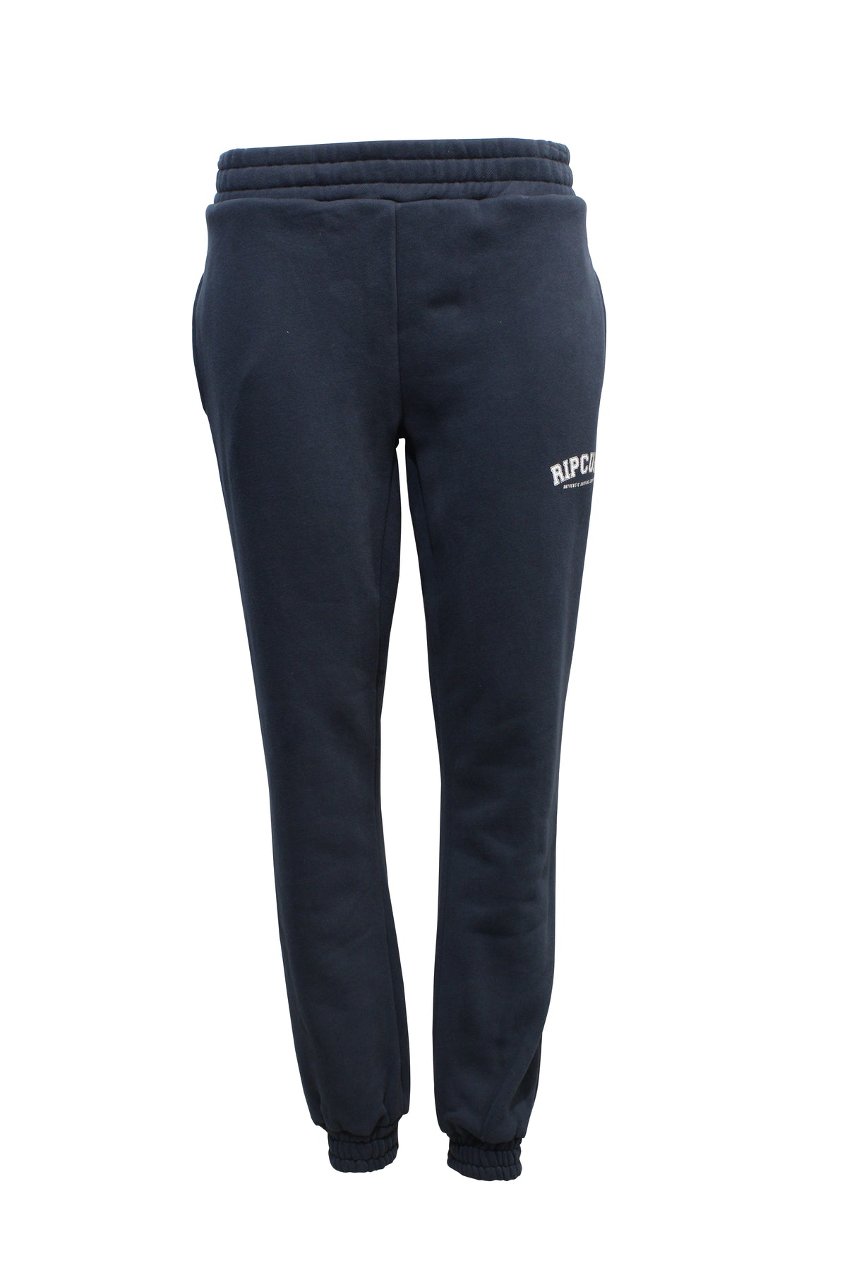 The Rip Curl Varsity Pants are black joggers with an elastic waistband and cuffs for a perfect fit. A small white "RIP CURL" logo on the upper left thigh highlights the correct size, blending style and comfort seamlessly.