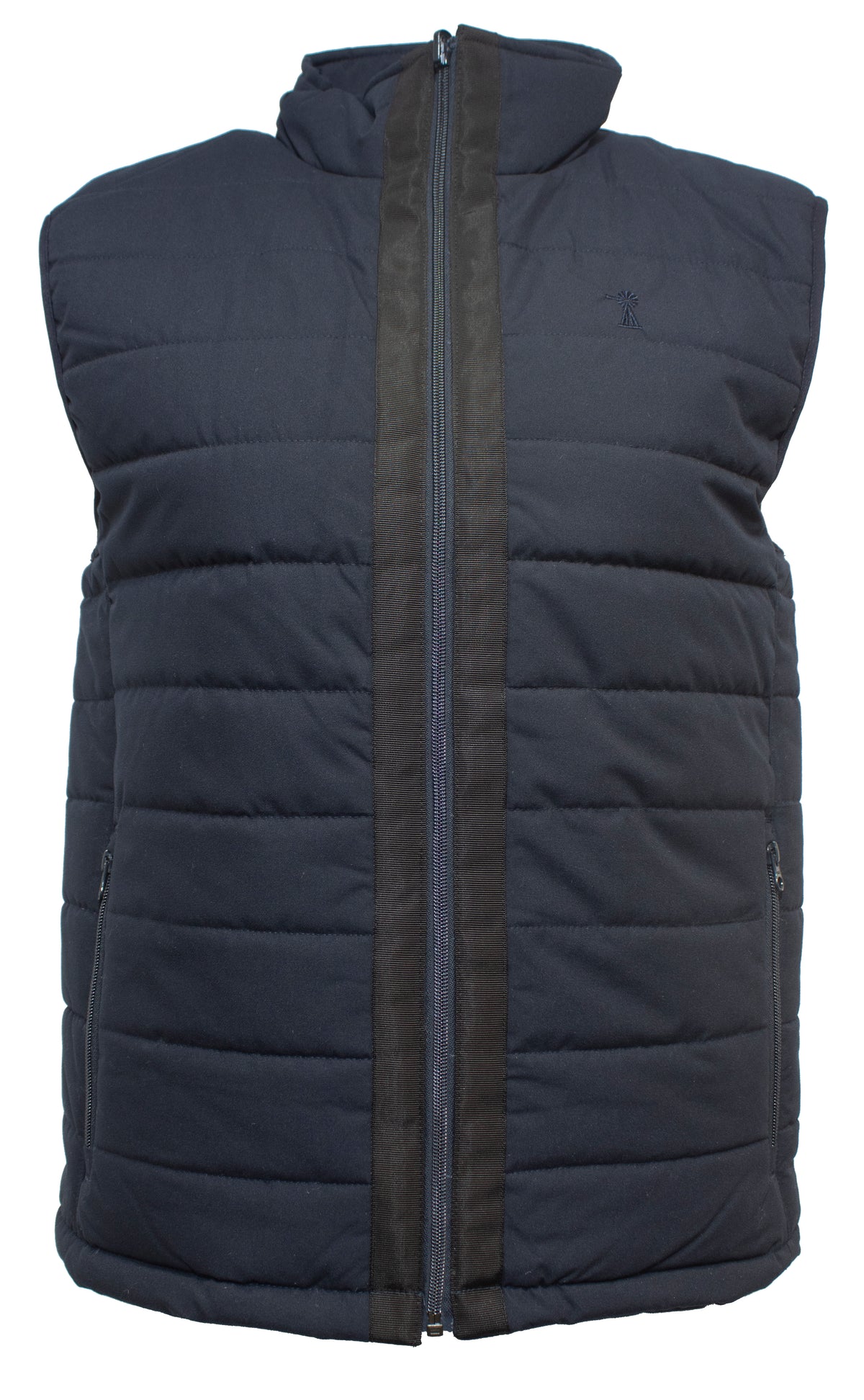 The Ritemate Pilbara Reversible Vest is a black, quilted, sleeveless garment designed with a high collar and a full-length front zipper. It features two side pockets with zippers and a vertical stripe detail on each side of the zip, running from the collar to the bottom hem. This vest offers a comfortable fit for everyday wear.