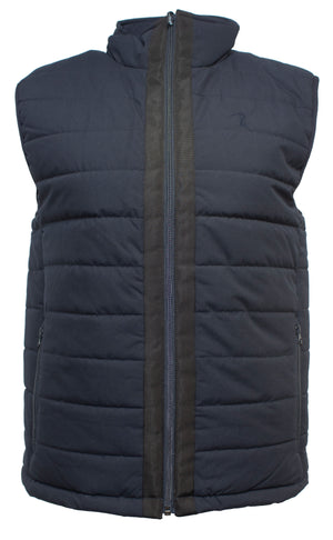 The Ritemate Pilbara Reversible Vest is a black, quilted, sleeveless garment designed with a high collar and a full-length front zipper. It features two side pockets with zippers and a vertical stripe detail on each side of the zip, running from the collar to the bottom hem. This vest offers a comfortable fit for everyday wear.