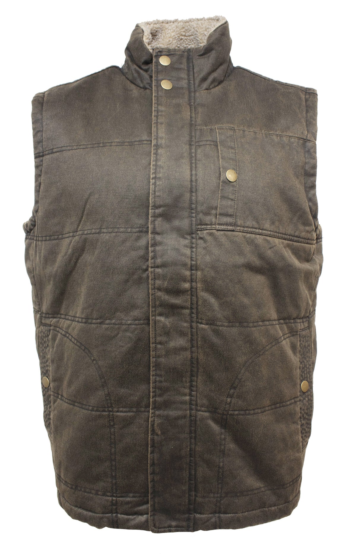 The Outback Heritage Oilskin Vest is a brown, sleeveless, quilted vest featuring a front zipper and snap-button closure. It boasts a stand-up sherpa lined collar and a small chest pocket with a snap button, along with side pockets. This piece includes an inner lining of soft, light-colored material for added comfort.