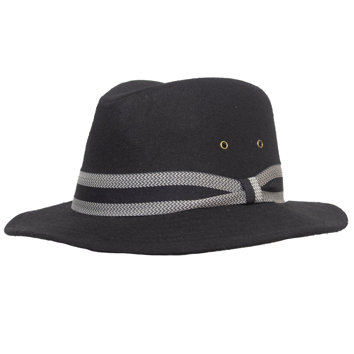 The Avenel Archer Wool Blend Safari is a comfortable black fedora hat with a grey ribbon around the base of the crown, featuring two small metallic eyelets on one side. It boasts a wide brim and is made from felt material.