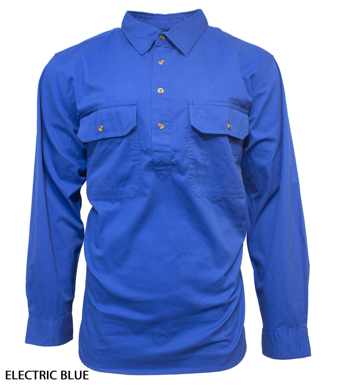 The Swanndri Bendigo Work Shirt is a long-sleeve, button-up shirt in electric blue, made from 100% cotton with two chest pockets and a collar, shown on a white background with "ELECTRIC BLUE" in the bottom left corner.