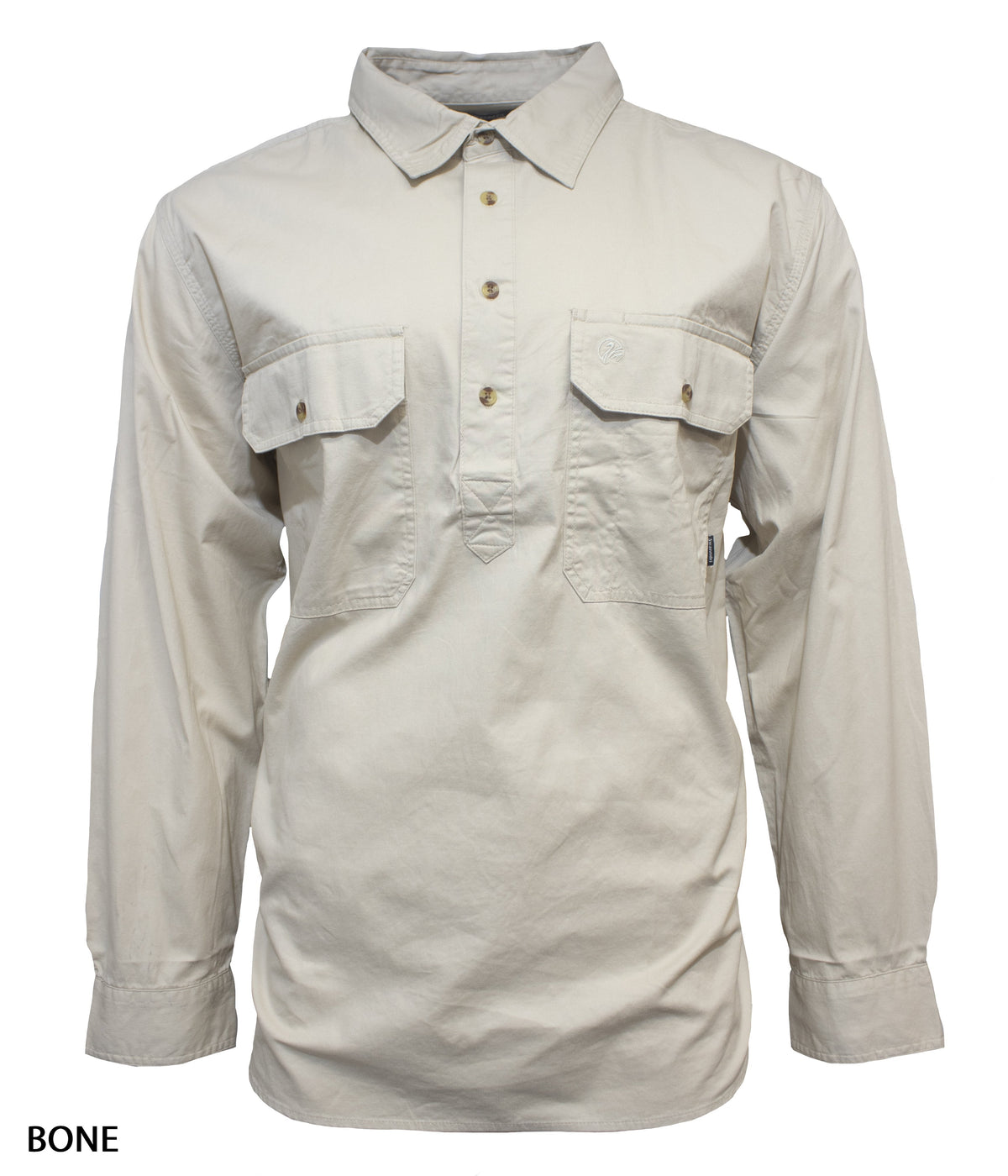 A Swanndri Bendigo Work Shirt in light beige ("BONE"), made from 100% cotton with long sleeves, buttoned chest pockets, and a partial button placket, is shown on a plain white background.