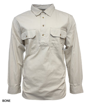 A Swanndri Bendigo Work Shirt in light beige ("BONE"), made from 100% cotton with long sleeves, buttoned chest pockets, and a partial button placket, is shown on a plain white background.
