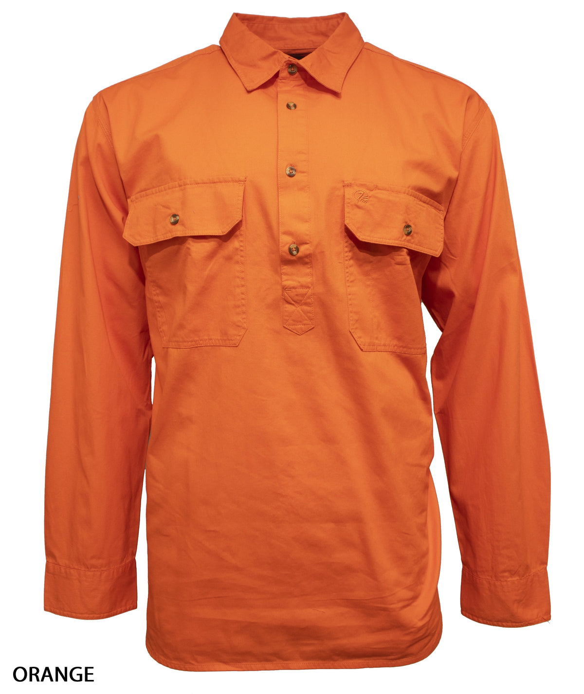 The Swanndri Bendigo Work Shirt is a bright orange, long-sleeve, 100% cotton button-up with two chest pockets, buttoned flaps, and a collar, shown on a plain white background.