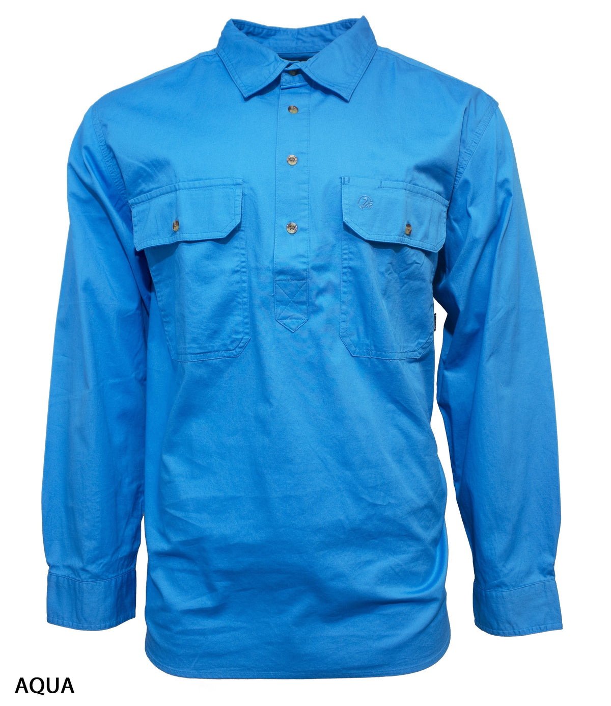 The Swanndri Bendigo Work Shirt is a long-sleeve, button-up aqua blue shirt with two chest pockets, made from 100% cotton and shown on a plain white background. "AQUA" appears in the bottom left corner.