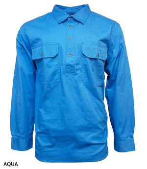 The Swanndri Bendigo Work Shirt is a long-sleeve, button-up aqua blue shirt with two chest pockets, made from 100% cotton and shown on a plain white background. "AQUA" appears in the bottom left corner.