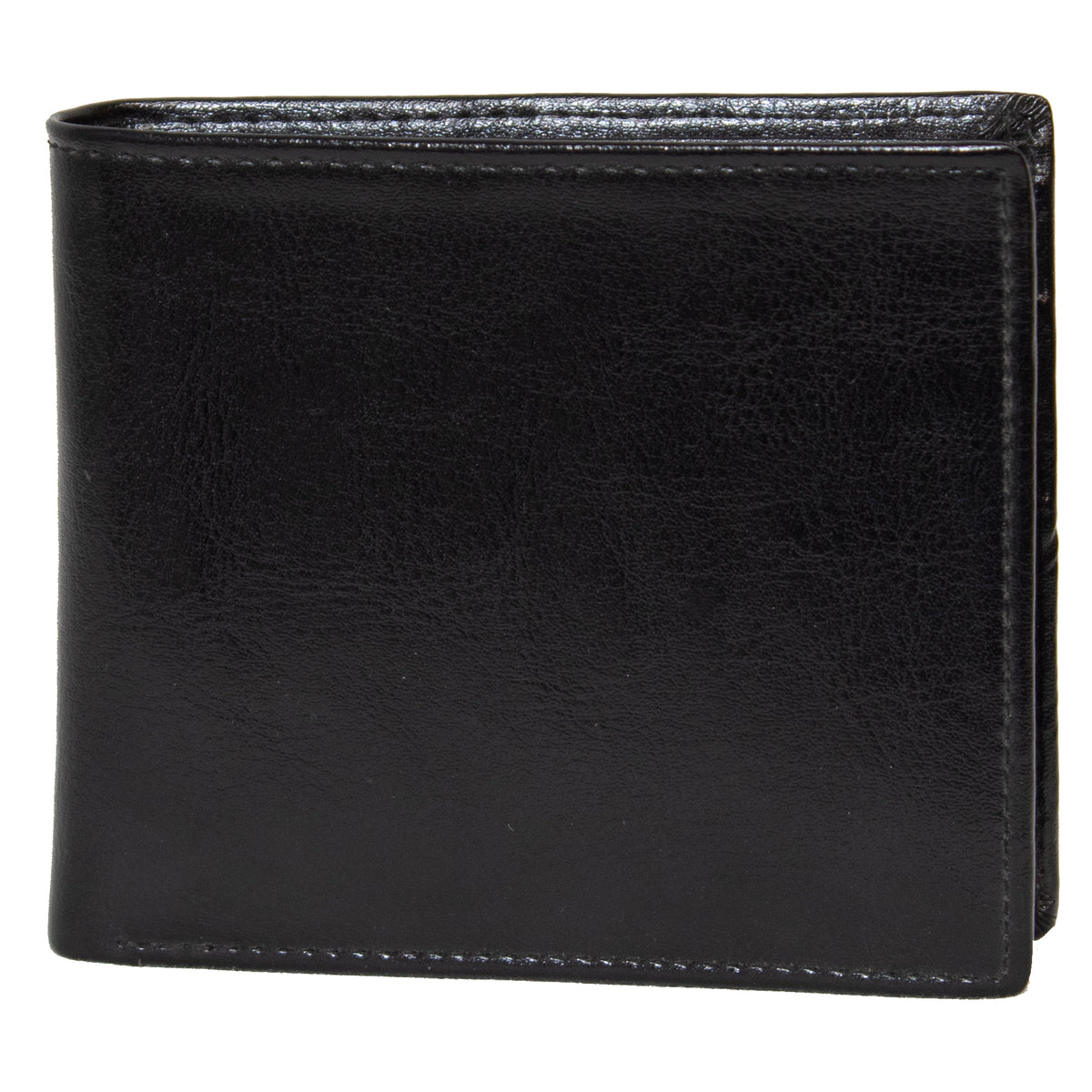 The Buckle Bifold Wallet with Zipper is a closed, black leather accessory with visible stitching along the edges. Crafted from genuine leather, it boasts a smooth, slightly glossy finish. Its standard bi-fold design includes multiple card slots, making it perfect for storing both cash and cards.
