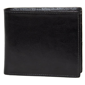 The Buckle Bifold Wallet with Zipper is a closed, black leather accessory with visible stitching along the edges. Crafted from genuine leather, it boasts a smooth, slightly glossy finish. Its standard bi-fold design includes multiple card slots, making it perfect for storing both cash and cards.