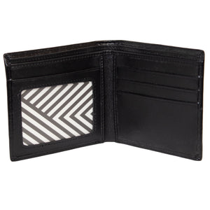 Display the Buckle Bifold Wallet with Zipper, featuring an ID slot adorned with a geometric black-and-white striped pattern inside, along with three card slots on the right side.