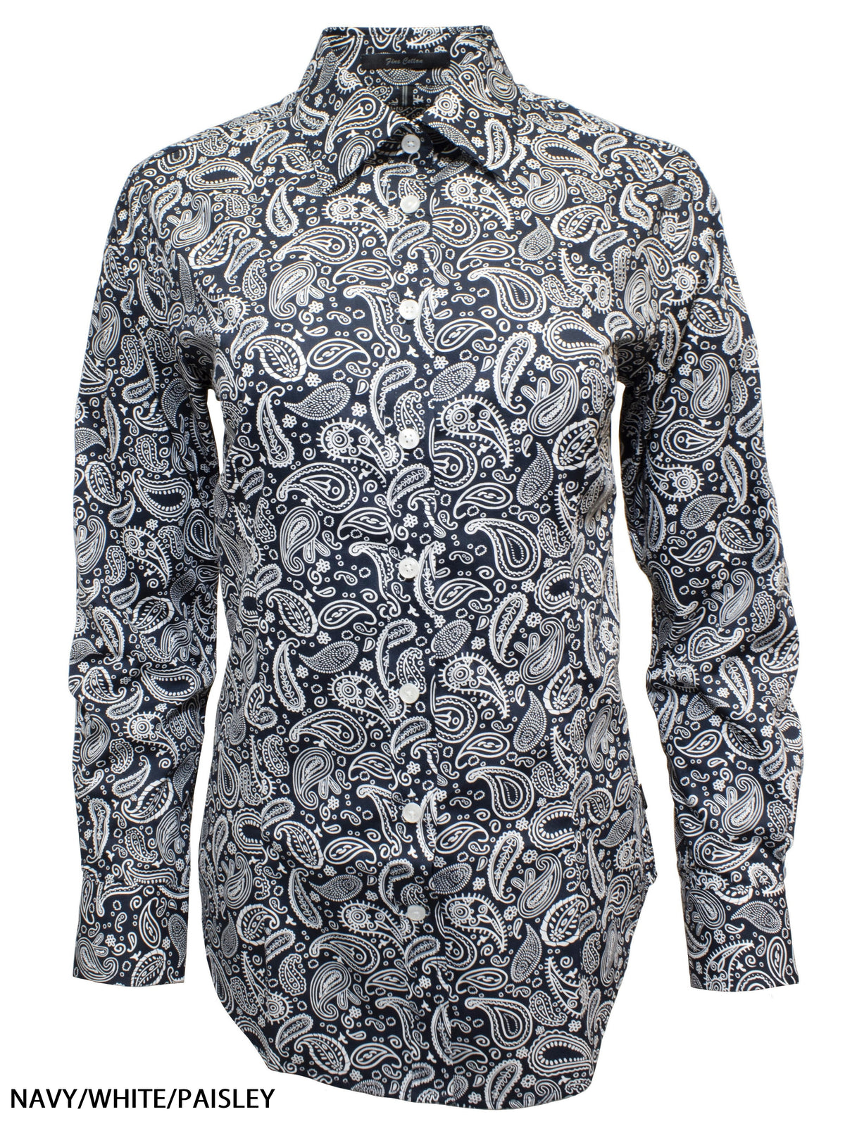 The Ritemate Ladies Classic Fit L/S Shirt, made from 100% cotton, features a navy and white paisley pattern and a fitted, collared design. Displayed on a white background with "NAVY/WHITE/PAISLEY" text in the corner.