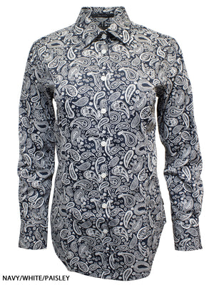 The Ritemate Ladies Classic Fit L/S Shirt, made from 100% cotton, features a navy and white paisley pattern and a fitted, collared design. Displayed on a white background with "NAVY/WHITE/PAISLEY" text in the corner.