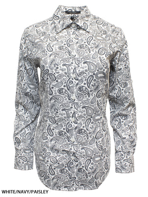 The Ritemate Ladies Classic Fit L/S Shirt is a long-sleeved button-up with a white base, navy blue paisley print, neat fit, classic collar, and made from 100% cotton for comfort.