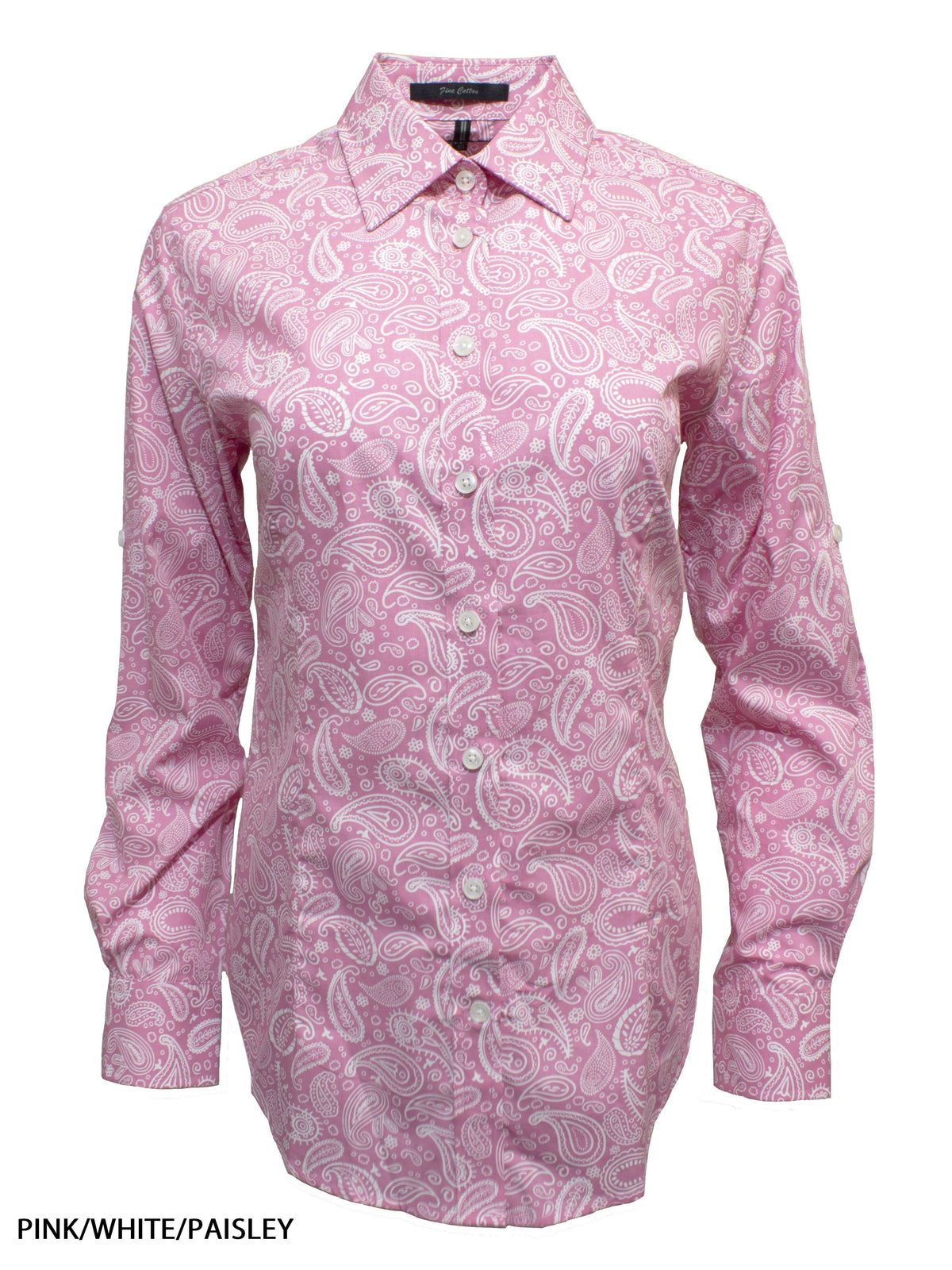 The Ritemate Ladies Classic Fit L/S Shirt features a pink and white paisley pattern on 100% cotton, with a collared long-sleeve button-up design, shown on a plain white background.