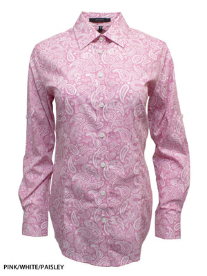 The Ritemate Ladies Classic Fit L/S Shirt features a pink and white paisley pattern on 100% cotton, with a collared long-sleeve button-up design, shown on a plain white background.