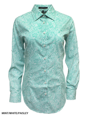 Ritemate Ladies Classic Fit L/S Shirt in mint green with a white paisley pattern, featuring long sleeves and a pointed collar, shown on a plain white background.