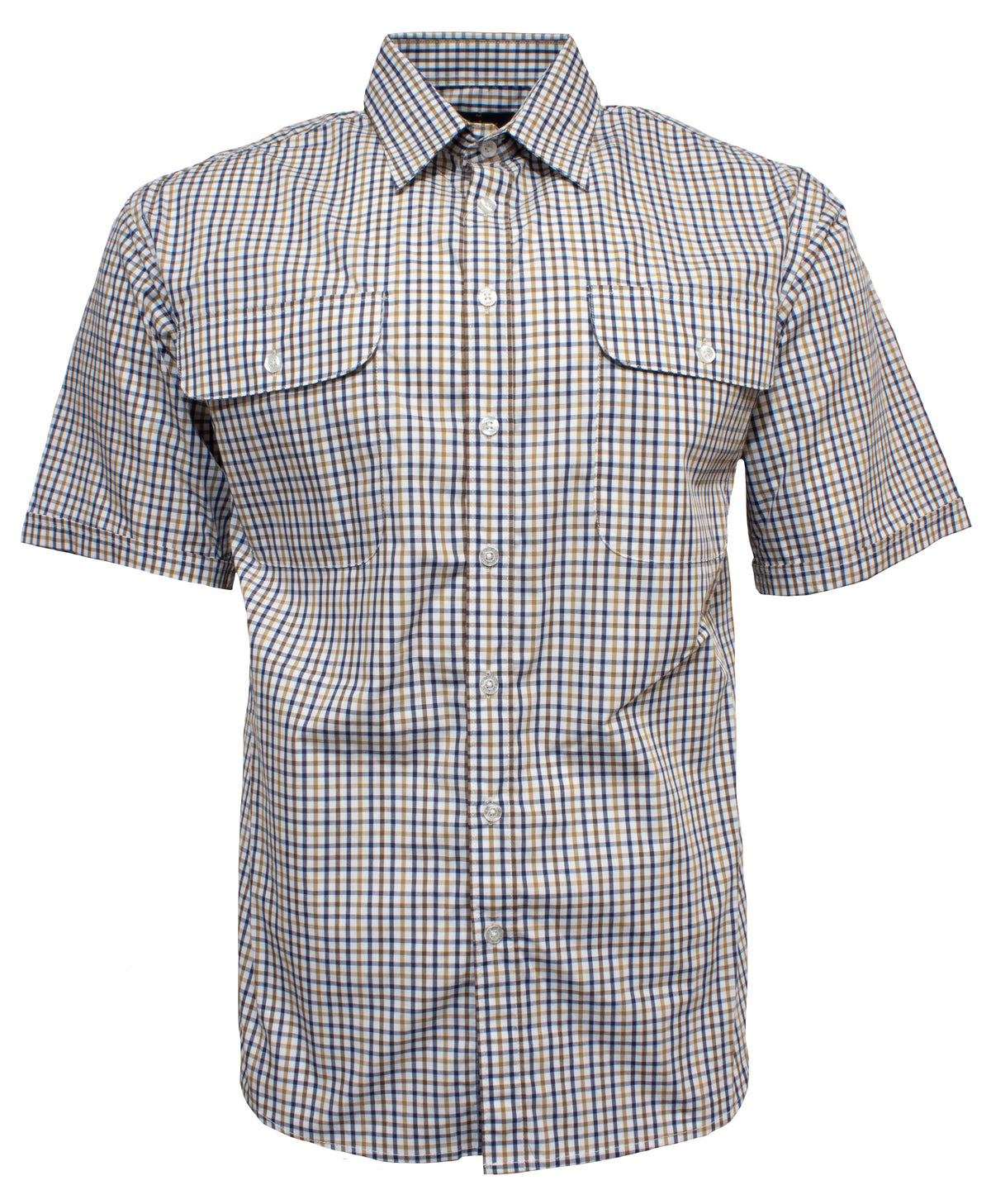 The Bisley Countryman Short Sleeve Shirt is a comfortable men's button-up featuring a checkered pattern in white, blue, and shades of brown. It includes two front chest pockets with buttoned flaps and a collar. The shirt is displayed against a plain white background.