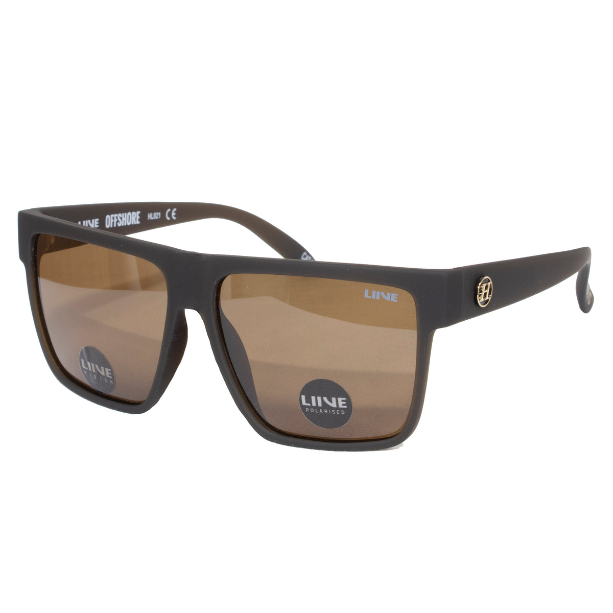 A pair of Liive Offshore Polar Sunglasses with dark brown polarized lenses and a sleek Matt Beer frame. The black frames feature a small circular gold logo on the arms, and the lenses proudly display a "Liive" brand sticker.