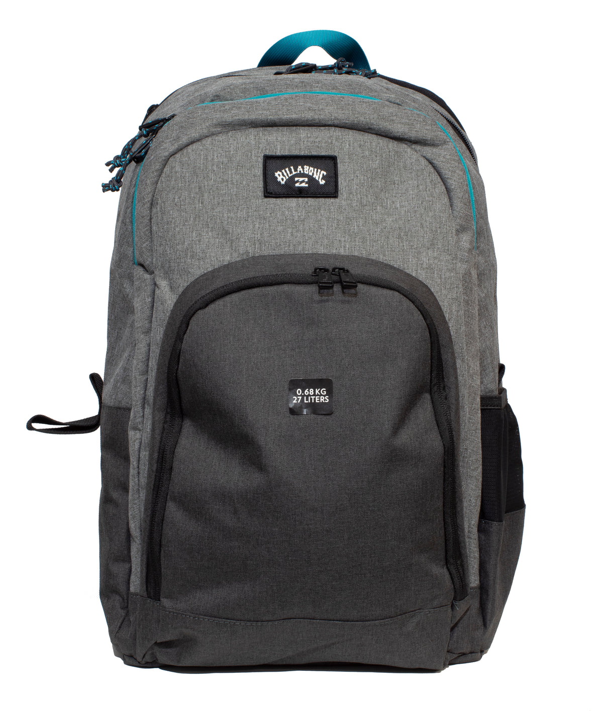 The Billabong Command Backpack is gray and black with a front zipper pocket, mesh side pocket, teal-accented top handle, dedicated laptop compartment, and a front label reading "9.6 kg, 27L.