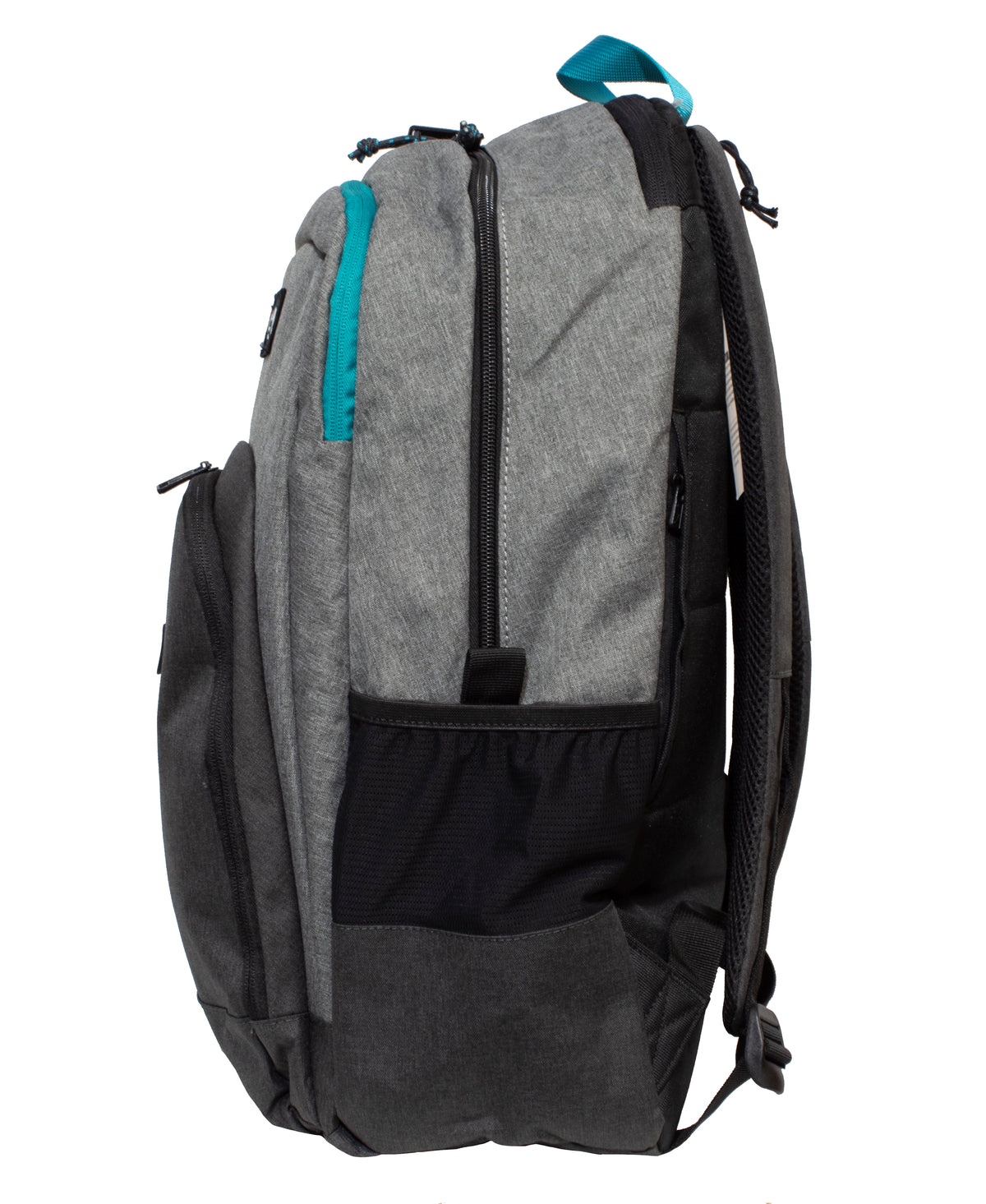 The Billabong Command Backpack in grey and black has a 27L capacity, front vertical zipper, turquoise top handle accent, mesh side pocket, laptop compartment, and adjustable straps. It is displayed upright from a side view.