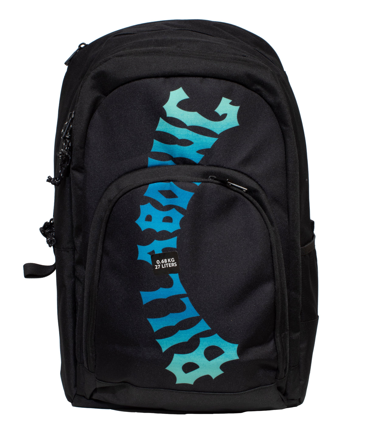 The Billabong Command Backpack is a sleek black bag with blue and turquoise stylized text on the front pocket, two zippered compartments, a dedicated laptop slot, and a tag indicating 0.4 kg weight and 27 litres capacity.