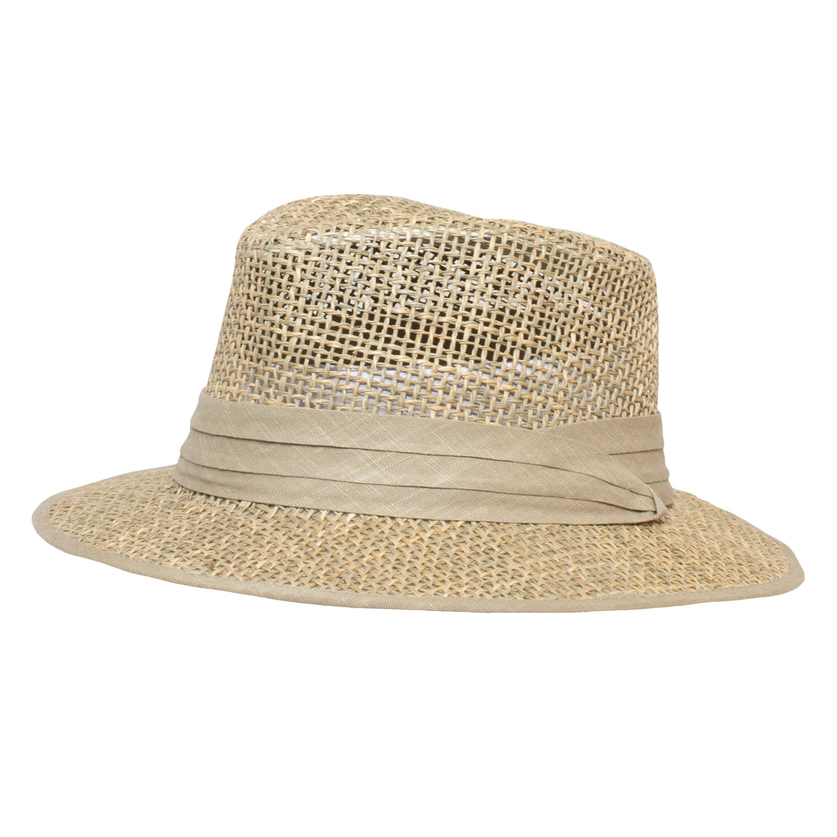The Avenel Seagrass Safari is a stylish beige straw hat with a short brim and a light fabric band wrapped around the base of the crown. Its woven texture of natural seagrass fibre offers a breathable design, making it perfect for sunny days.