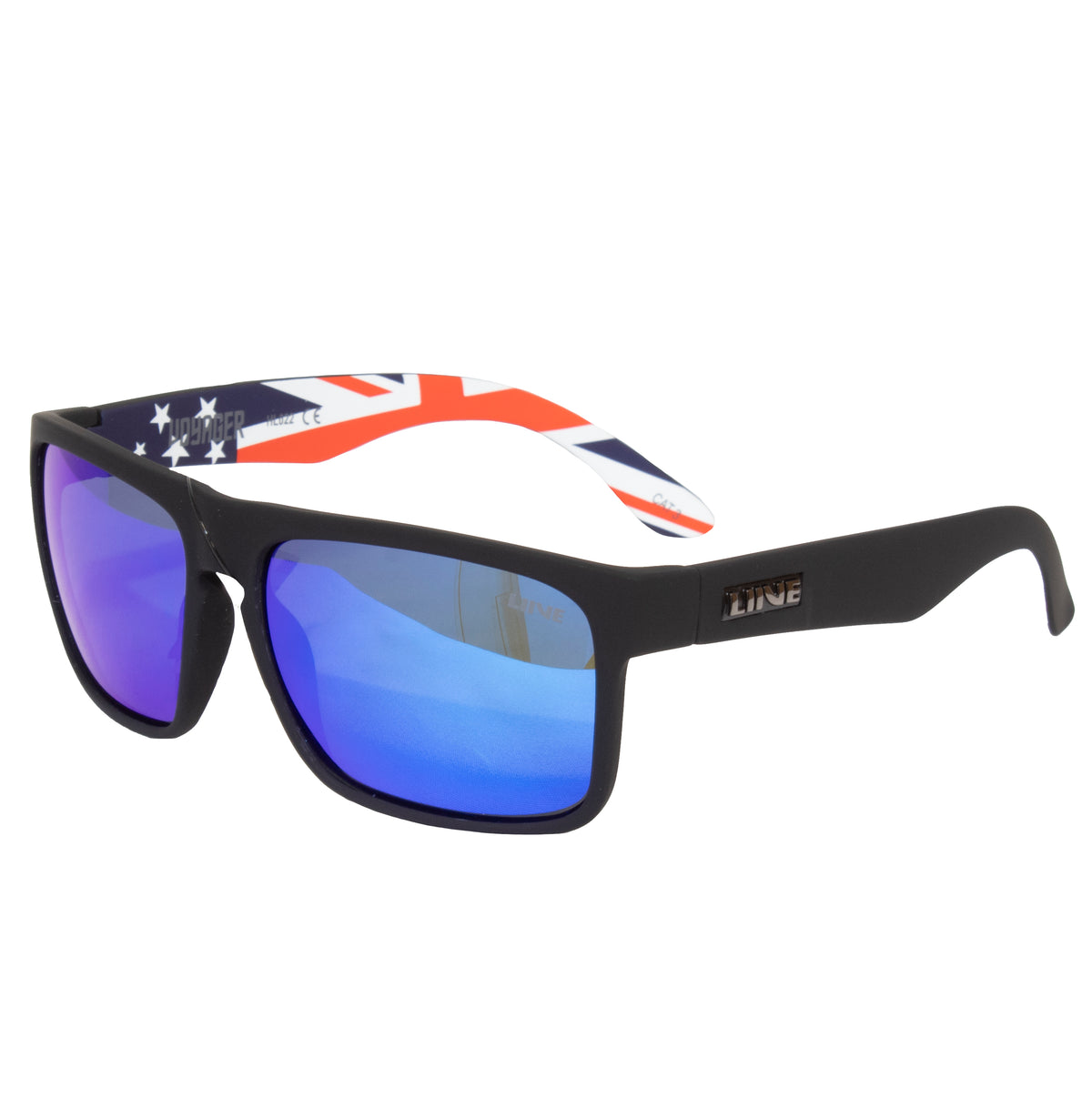 A pair of Liive Voyager Mirror Polar Oz sunglasses featuring a Matt Black frame and polarised lenses. The inside of the arms display a red, white, and blue design resembling the United Kingdom flag, with the brand logo "King" visible on the temples.
