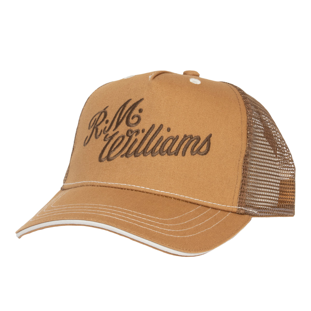 The RM Williams Script Trucker Cap, shown angled on a white background, features a brown design with white stitching, an adjustable strap, and a front badge embroidered in cursive with “R.M. Williams.”.