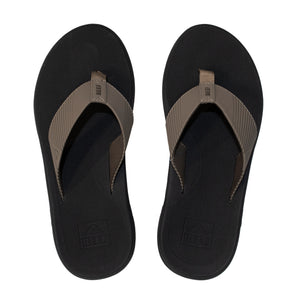 A pair of REEF Phantom II flip-flops with black EVA footbeds and brown textured straps featuring the "REEF" logo. They provide excellent arch support and are stylishly displayed side by side on a plain white background.