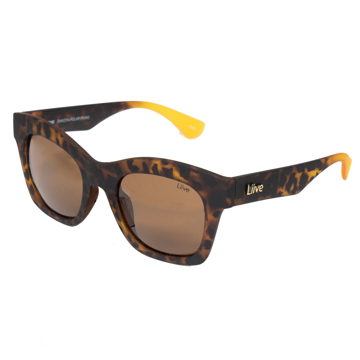 A pair of rectangular tortoiseshell sunglasses branded with "Liive" on the temple, featuring polarised brown lenses for UV protection and bright yellow earpieces, these Liive Dakota Polar Sunglasses are both stylish and functional.