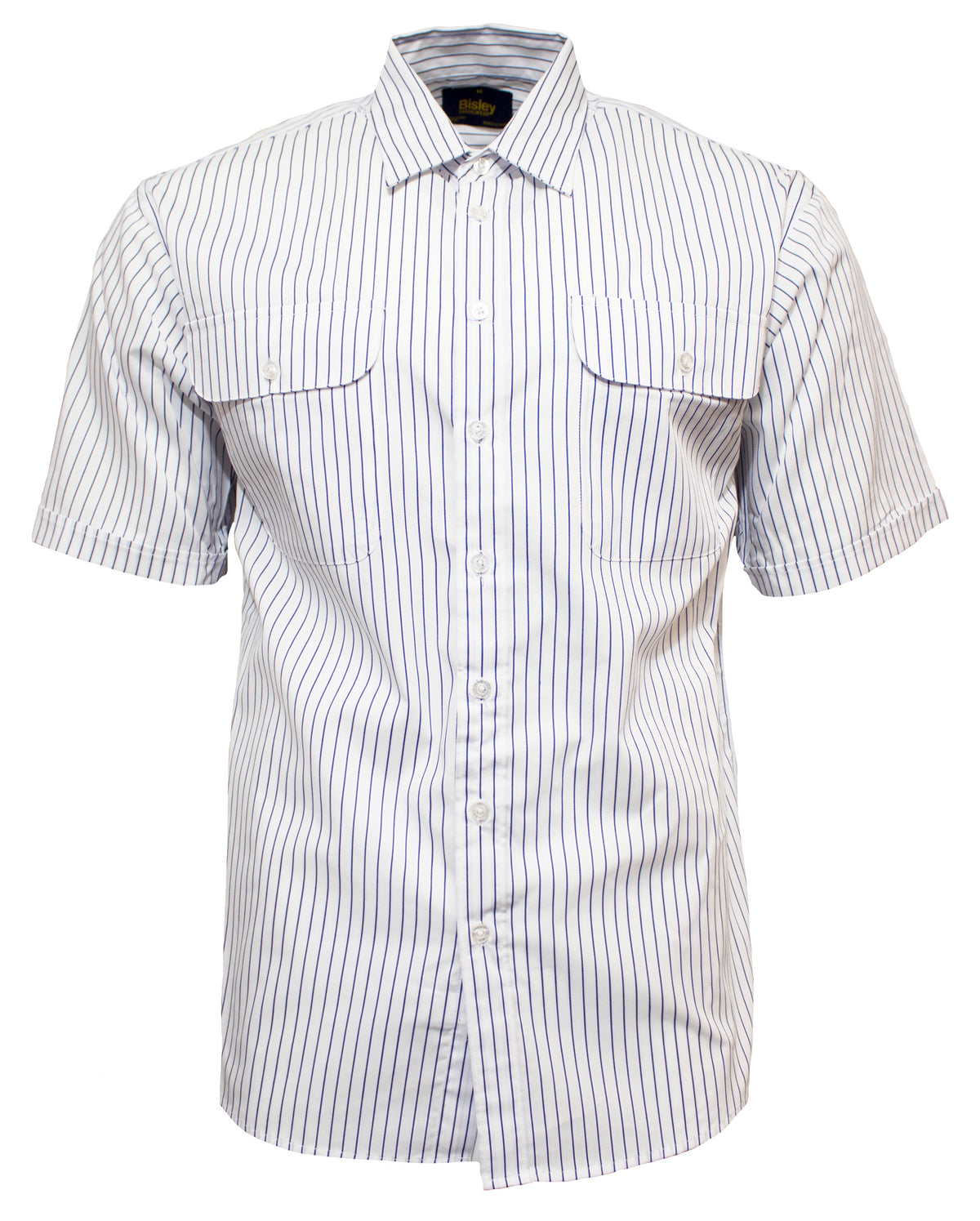 The Bisley Countryman Short Sleeve Shirt features white fabric with thin vertical blue stripes and two chest pockets with buttoned flaps.