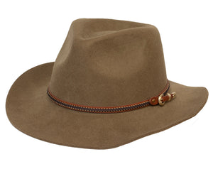 The Outback Nelson Wool Hat is a brown fedora crafted from Australian wool, featuring a slightly creased crown and a medium-width, downward-sloping brim. It includes a decorative woven band in brown, black, and beige wrapped around the base and secured with a small gold buckle on one side. This water-resistant hat also provides UPF protection.