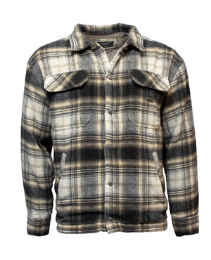 The Industrie The Morelock Overshirt is a plaid jacket with beige, black, and grey squares. It features a button-down front, two chest pockets with flaps, and long sleeves. Made from soft polyester fabric, this padded overshirt offers warmth and comfort for cooler weather.