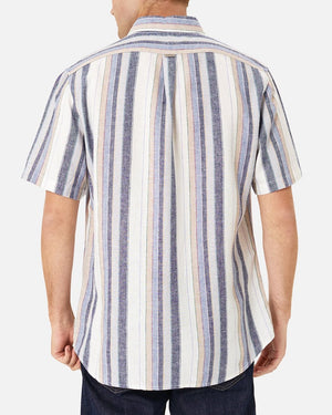 A person is seen from behind, wearing the Industrie The Tobago Shirt, a lightweight, short-sleeved, button-up shirt with vertical stripes in blue, white, and beige tones. The shirt is untucked, and the person is also wearing dark blue jeans. The background is white.