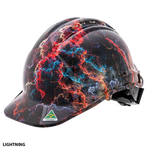 A SSA Custom Hydro Dip Hard Hat Vented with a vivid lightning design featuring red, blue, and orange lightning bolts on a black background. This Australian Made Hard Hat has a brim and an adjustable strap. The word "LIGHTNING" is written in black text in the bottom left corner, meeting AS/NZS 1801:1997 certified standards.