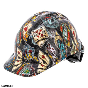 The SSA Custom Hydro Dip Hard Hat Vented features a vibrant "gambler" design adorned with various gambling-themed graphics, including playing cards, flaming dice, poker chips, and slot machine symbols. The colorful illustrations cover the entire surface of this AS/NZS 1801:1997 certified Australian Made Hard Hat.