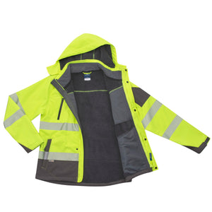 The Rainbird Hi Vis Jones Softshell Sherpa Lined Jacket features bright yellow fabric with silver reflective stripes, a hood, dark gray accents, waterproof material, a black fleece lining, and inner pockets for protection and comfort.