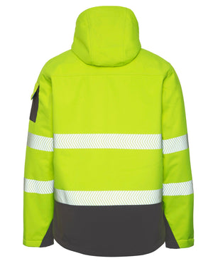 The Rainbird Hi Vis Jones Softshell Sherpa Lined Jacket features a high-visibility yellow design with reflective white stripes, gray accents, waterproof fabric, a hood, and an upper left sleeve pocket. Shown from the back.