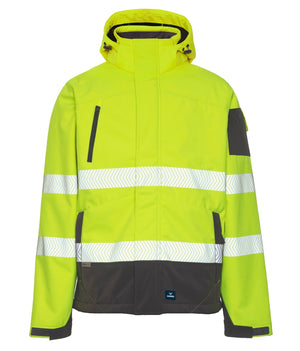The Rainbird Hi Vis Jones Softshell Sherpa Lined Jacket is yellow with reflective white stripes, a hood, and dark gray accents on pockets and sleeves. Made from waterproof fabric, it offers zippered pockets and a utility-focused design.