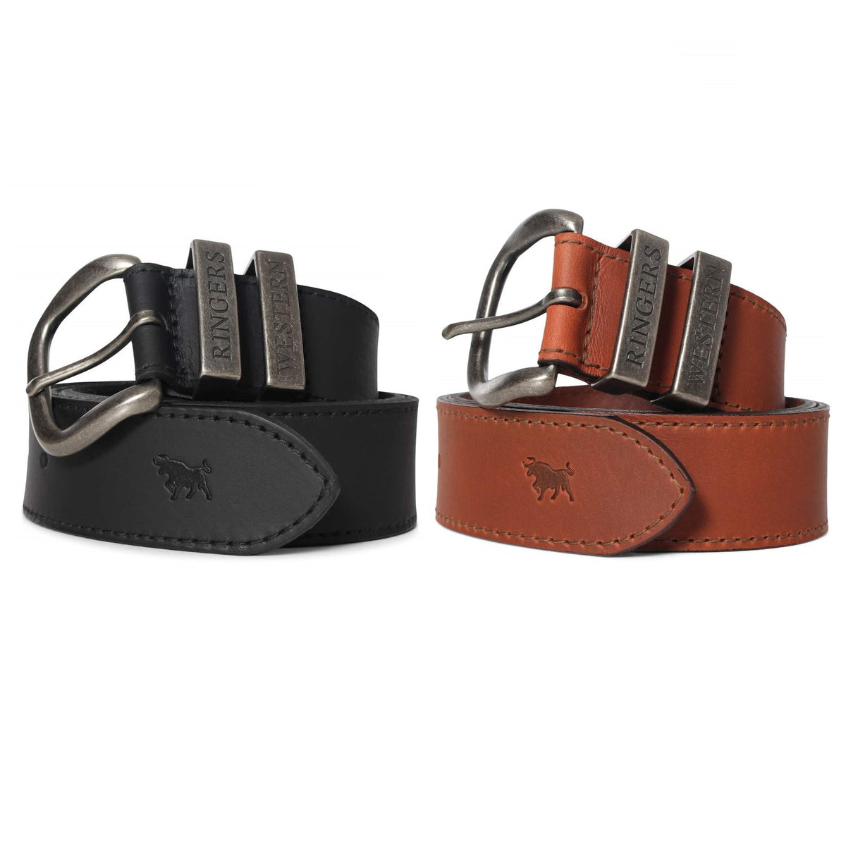 Two Ringers Western James Belts are displayed, one black and one brown, both showcasing silver-tone buckles engraved with "Ringers Western." Each Australian-made belt has a small embossed logo of a dog near the buckle. The belts are rolled up side by side.